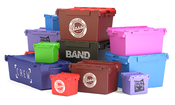 A selection of plastic moving crates, storage crates and relocation crates in various colours with your company brand logos